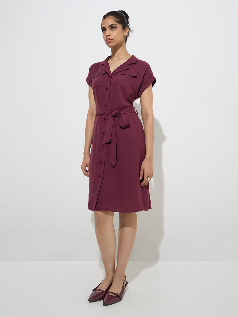 Wardrobe Maroon Solid Shirt Dress with Belt - Image 3