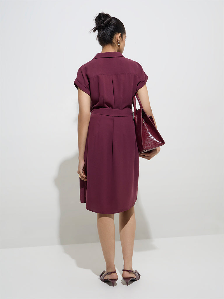 Wardrobe Maroon Solid Shirt Dress with Belt - Image 4