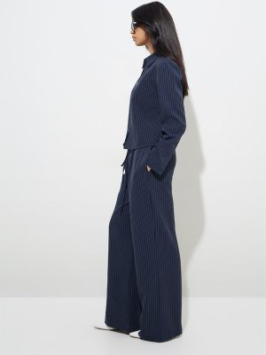 Wardrobe Navy Pinstripe Detailed High-Rise Trousers