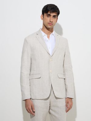 Ascot Beige Checkered Relaxed-Fit Linen Blazer