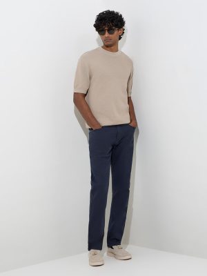Ascot Navy Relaxed-Fit Mid-Rise Cotton-Blend Trousers