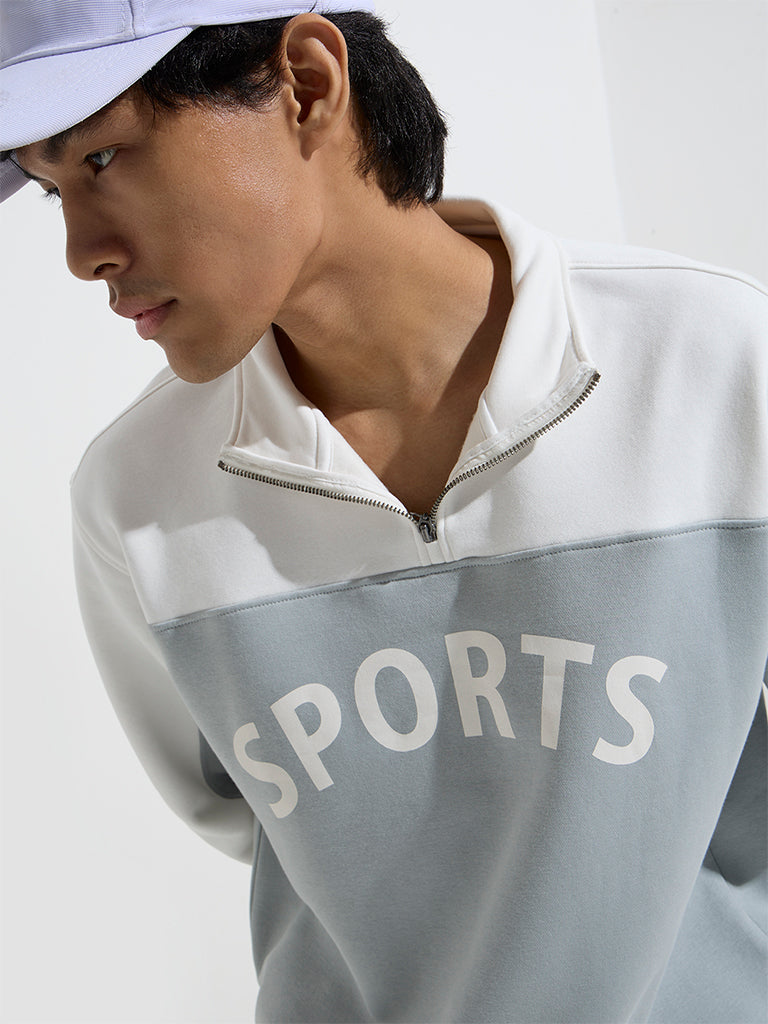 Studiofit Grey Text Pattern Quarter Zip Cotton-Blend Sweatshirt - Image 2