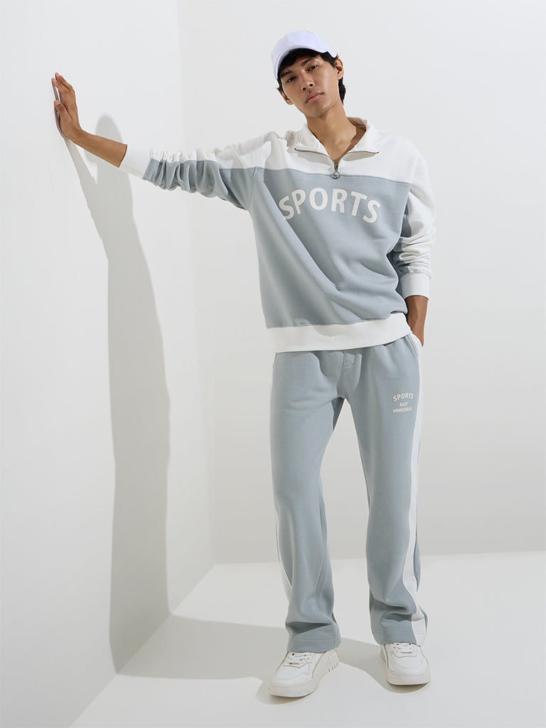 Studiofit Grey Text Pattern Quarter Zip Cotton-Blend Sweatshirt - Image 3