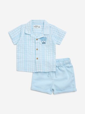 HOP Baby Blue Checkered Cotton-Blend Shirt and Shorts Set