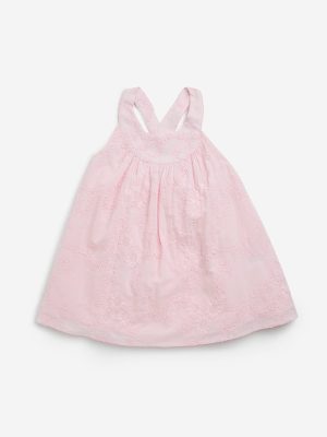 HOP Baby Pink Floral Embroidered Cotton A-Line Dress