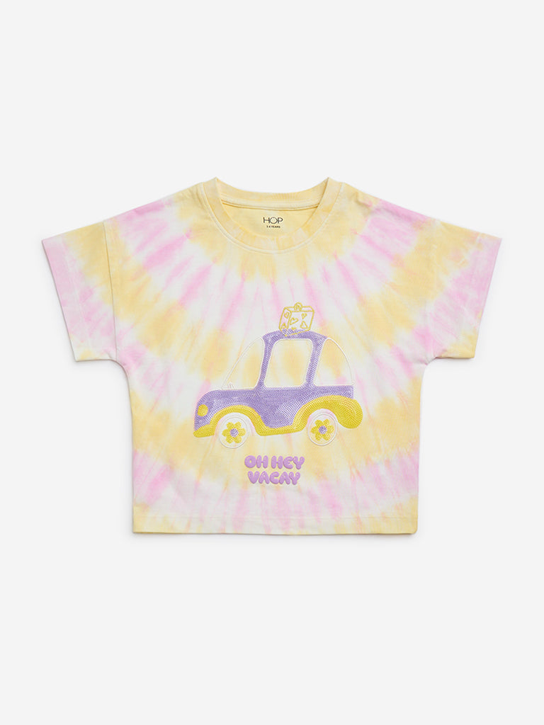 HOP Kids Yellow Embellished Tie-Dye Cotton T-Shirt
