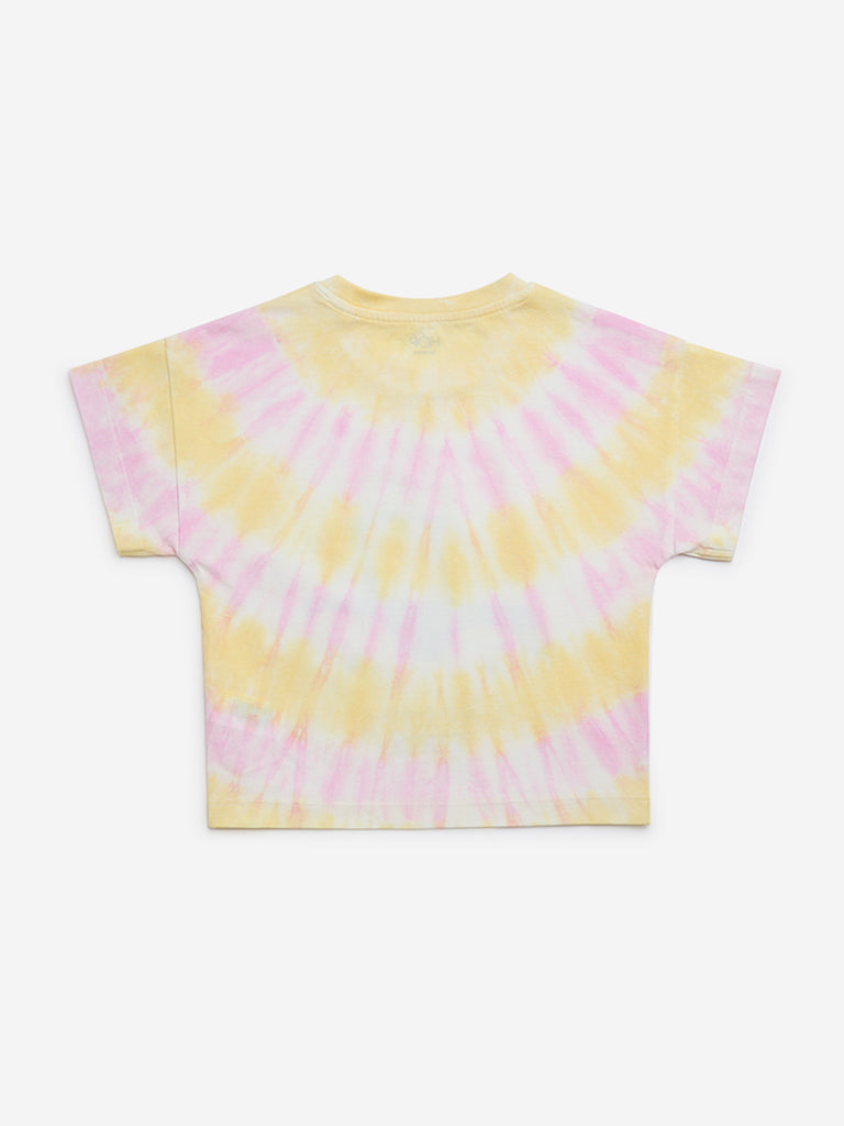 HOP Kids Yellow Embellished Tie-Dye Cotton T-Shirt - Image 2