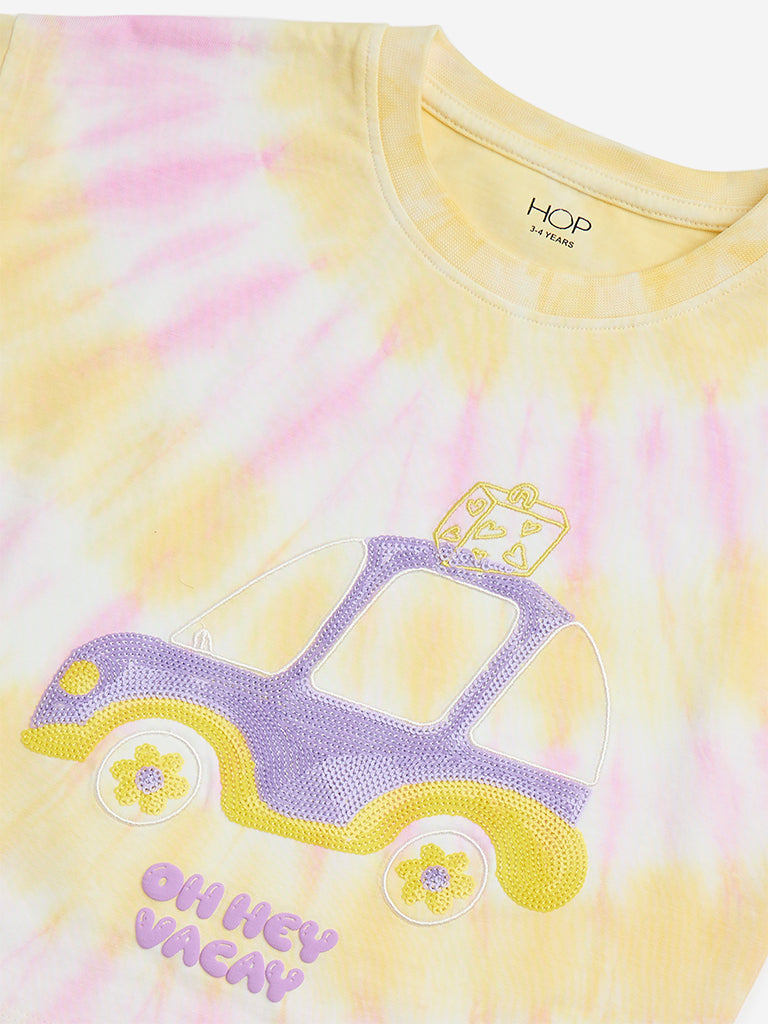HOP Kids Yellow Embellished Tie-Dye Cotton T-Shirt - Image 3