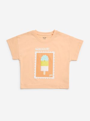 HOP Kids Peach Printed Cotton T-Shirt