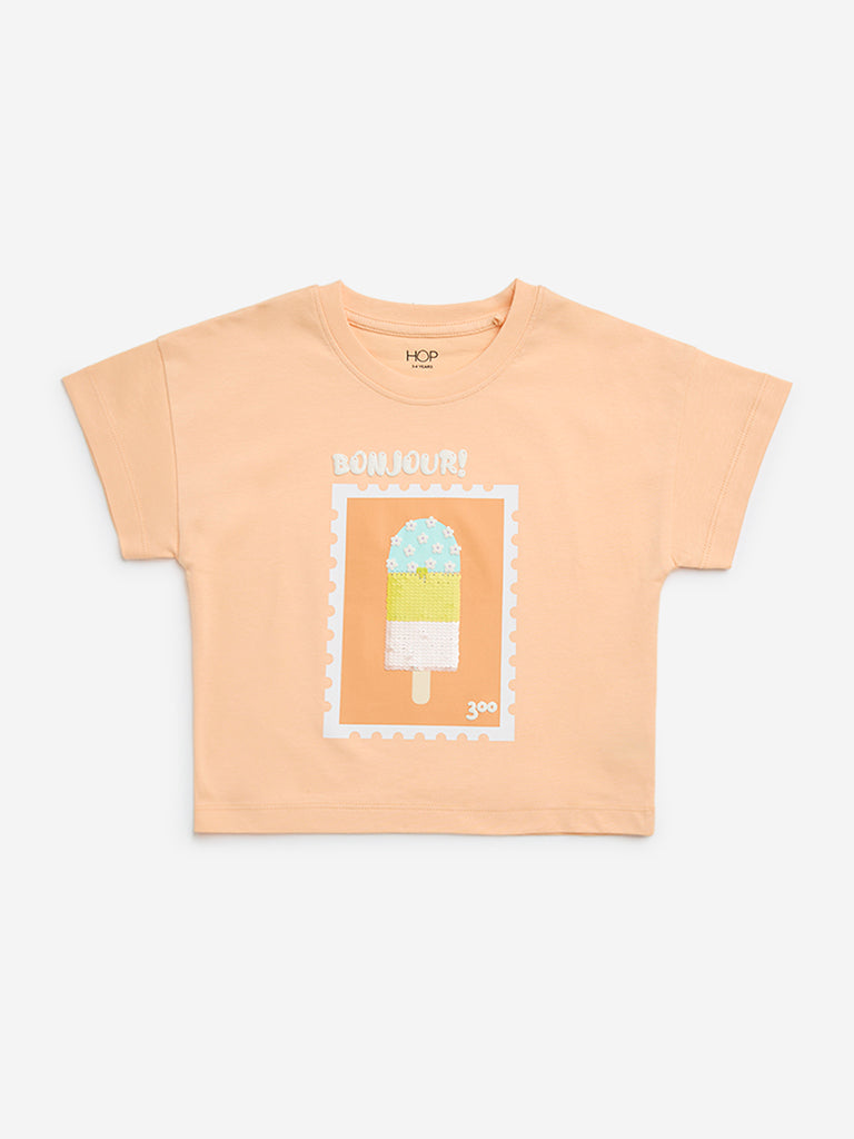 HOP Kids Peach Printed Cotton T-Shirt