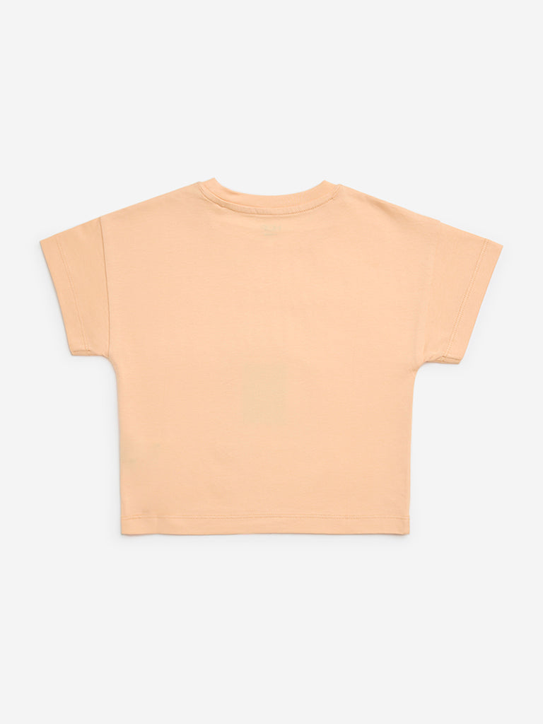 HOP Kids Peach Printed Cotton T-Shirt - Image 3