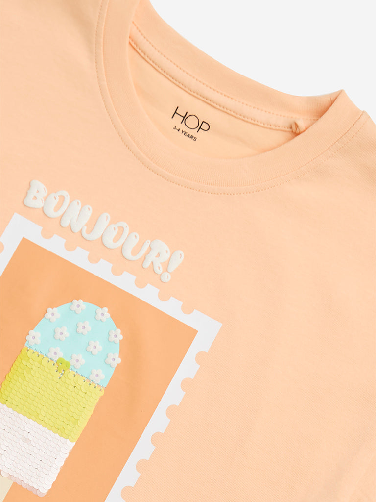 HOP Kids Peach Printed Cotton T-Shirt - Image 4