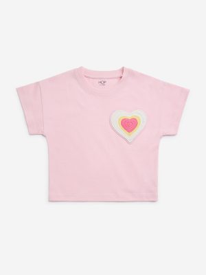 HOP Kids Pink Heart-Embroidered Cotton T-Shirt
