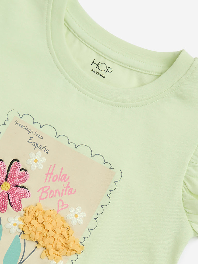 HOP Kids Lime Floral-Detailed Cotton Top - Image 3