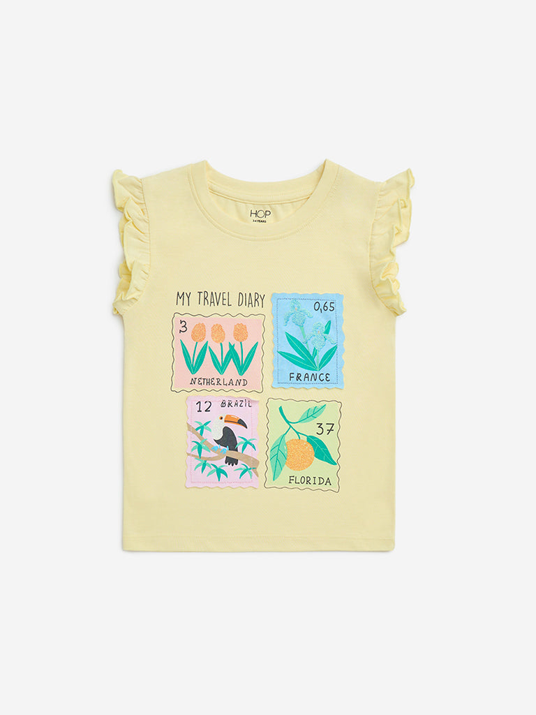 HOP Kids Light Yellow Printed Cotton T-Shirt