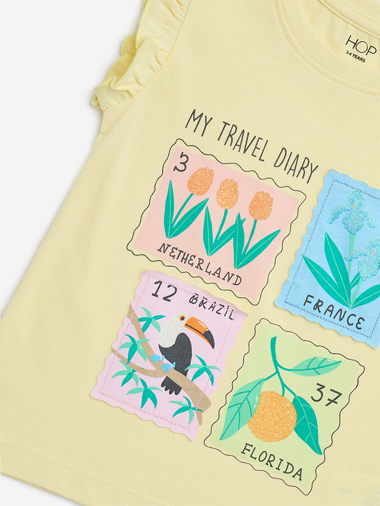 HOP Kids Light Yellow Printed Cotton T-Shirt - Image 3