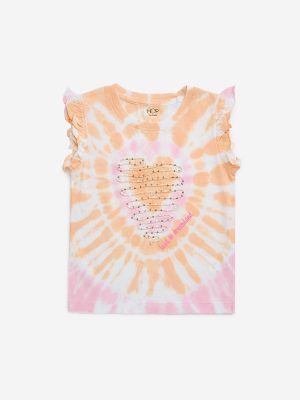 HOP Kids Peach Tie-Dye Printed Cotton Top
