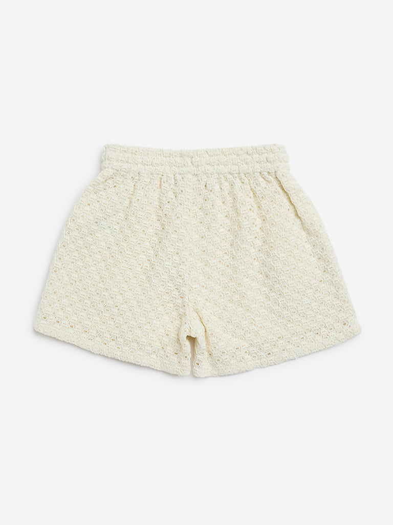 HOP Kids Off-White Crochet High-Rise Cotton-Blend Shorts - Image 2