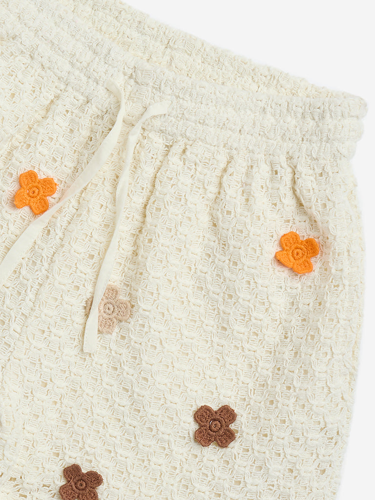 HOP Kids Off-White Crochet High-Rise Cotton-Blend Shorts - Image 3