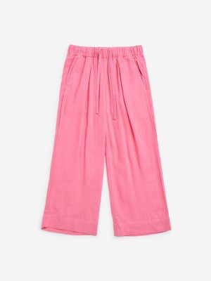 HOP Kids Pink Solid High-Rise Trousers