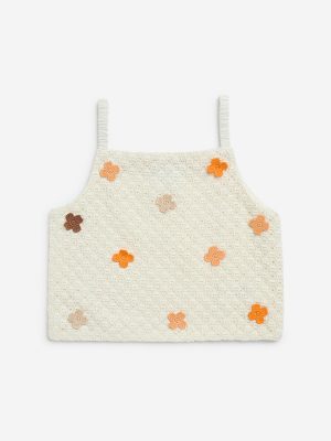 HOP Kids Off-White Crochet-Detailed Cotton-Blend Top
