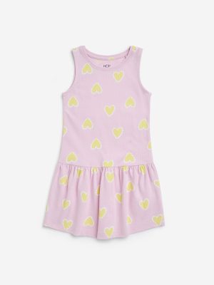 HOP Kids Lilac Heart Design Drop-Waist Cotton Dress