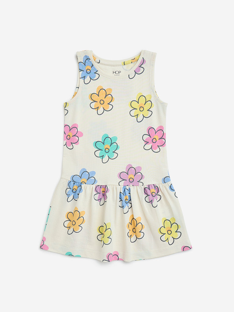 HOP Kids Off-White Floral Design Drop-Waist Cotton Dress