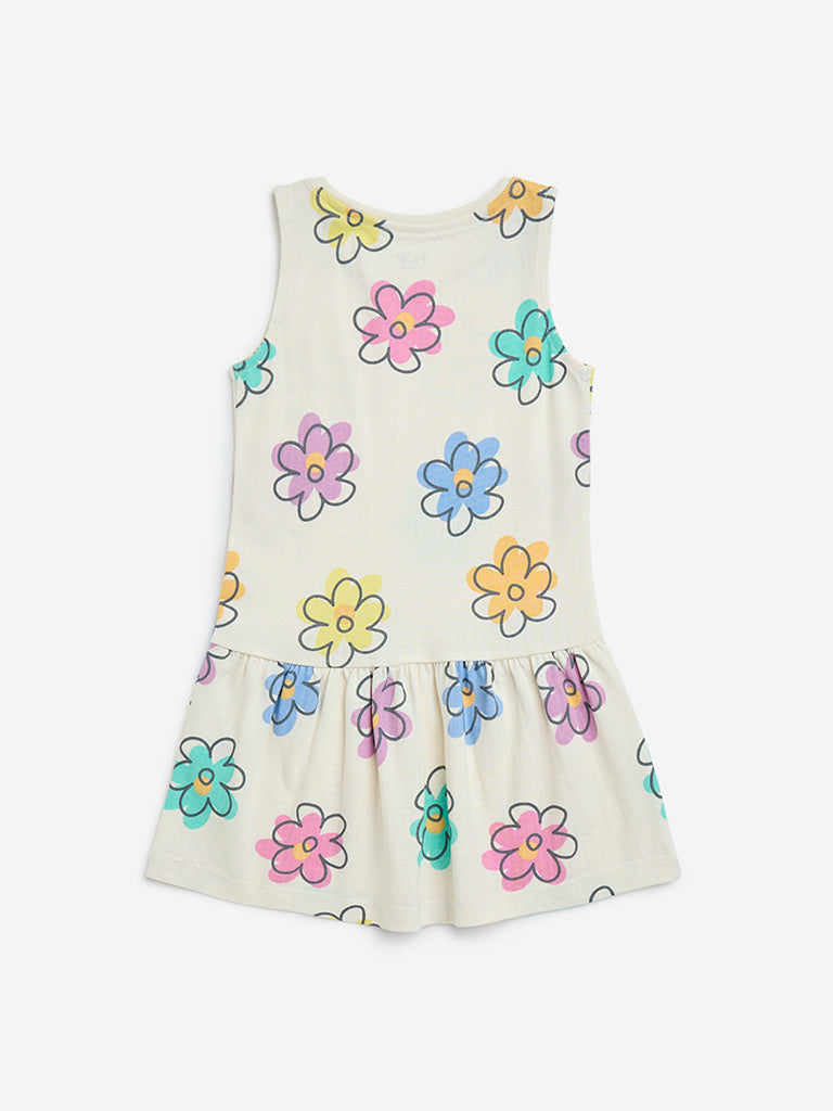 HOP Kids Off-White Floral Design Drop-Waist Cotton Dress - Image 3