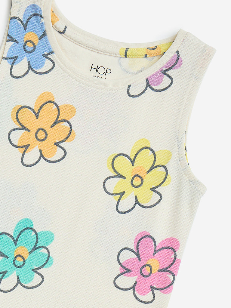 HOP Kids Off-White Floral Design Drop-Waist Cotton Dress - Image 4