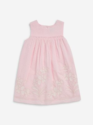 HOP Kids Pink Floral Embroidered A-Line Cotton Dress