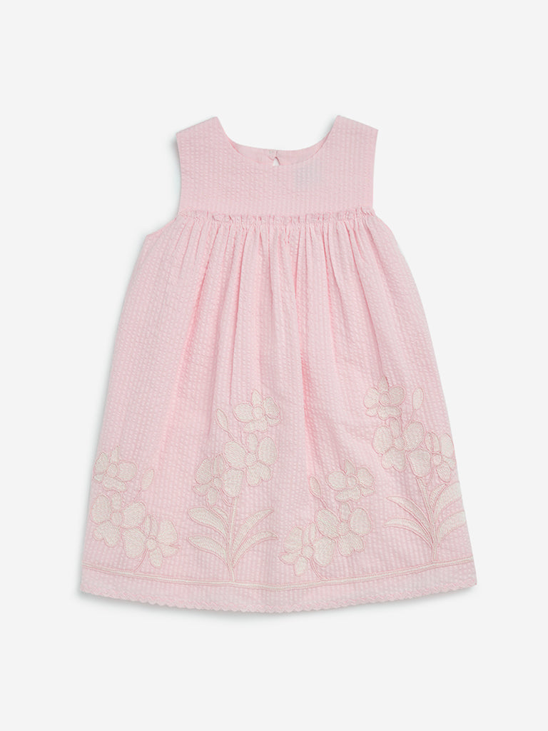 HOP Kids Pink Floral Embroidered A-Line Cotton Dress