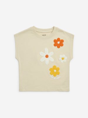 HOP Kids Beige Floral Embroidered Cotton T-Shirt