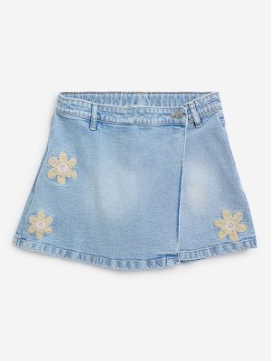 Y&F Kids Light Blue Floral Embroidered Denim Skorts