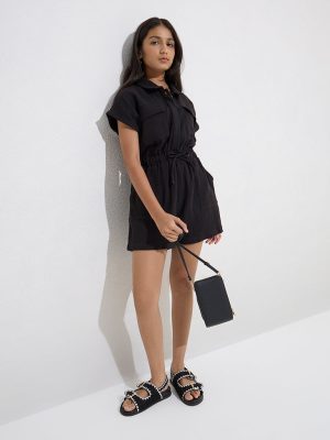 Y&F Kids Black Crinkle-Textured Cotton Jumpsuit