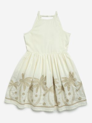 Y&F Kids Off-White Tropical-Inspired Cotton A-Line Dress
