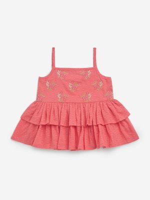 Utsa Kids Coral Floral Embroidered Cotton-Blend Top - (2-8yrs)