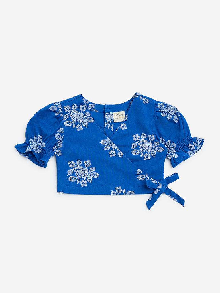 Utsa Kids Blue Floral Design Cotton-Blend Ethnic Top - (2-8yrs)