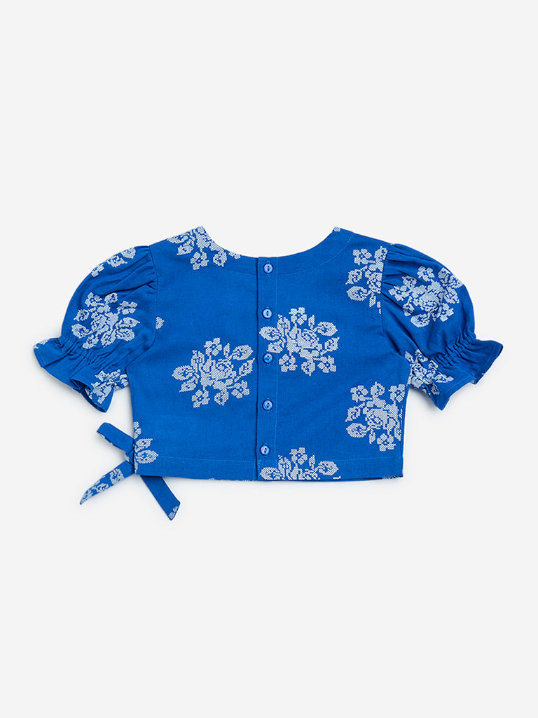 Utsa Kids Blue Floral Design Cotton-Blend Ethnic Top - (2-8yrs) - Image 2