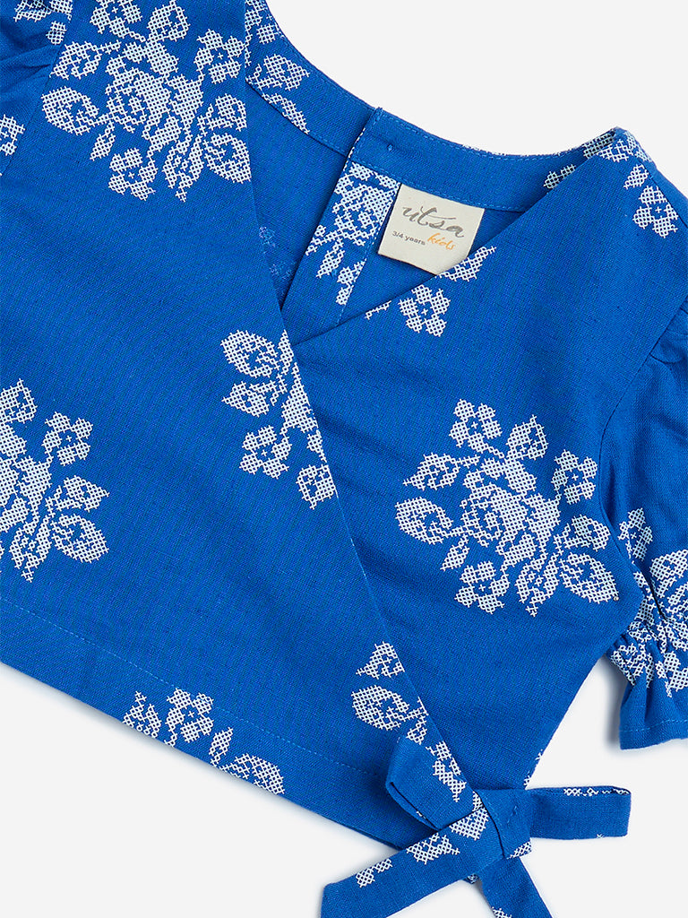 Utsa Kids Blue Floral Design Cotton-Blend Ethnic Top - (2-8yrs) - Image 3