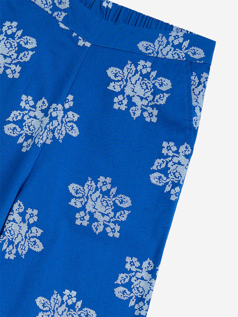 Utsa Kids Blue Floral Cotton-Blend Ethnic Pants - (8-14yrs) - Image 3