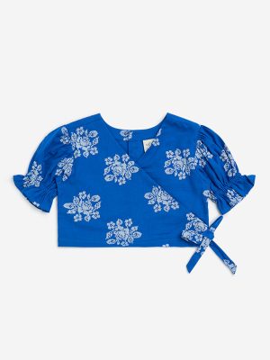 Utsa Kids Blue Floral Design Cotton-Blend Ethnic Top - (8-14yrs)