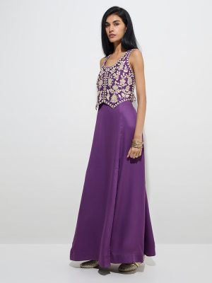 Vark Purple Floral Embroidered Ethnic Waistcoat-Style Top