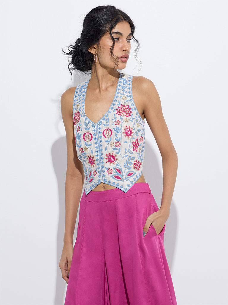 Vark Off-White Floral Embroidered Ethnic Top