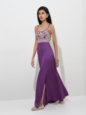Vark Purple Floral Embroidered A-Line Dress