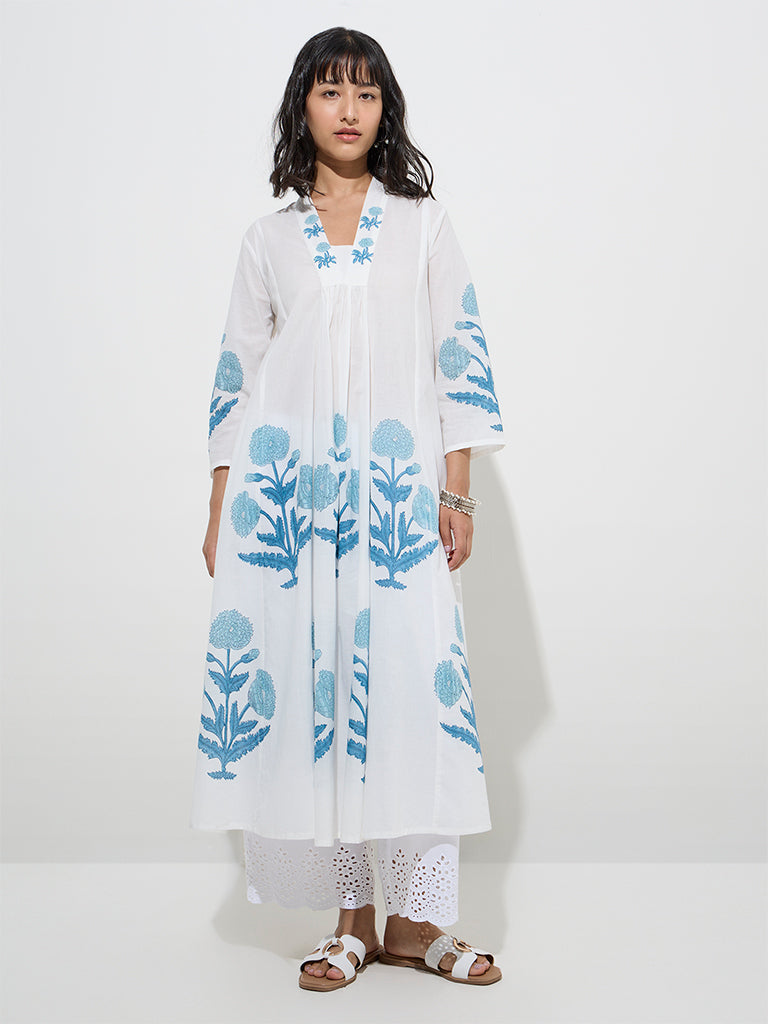 Utsa Blue Floral Butta Design Cotton A-Line Kurta
