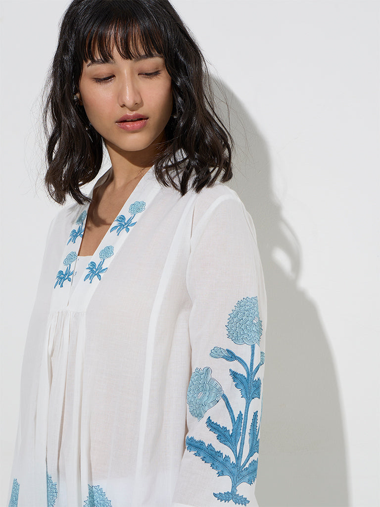 Utsa Blue Floral Butta Design Cotton A-Line Kurta - Image 2