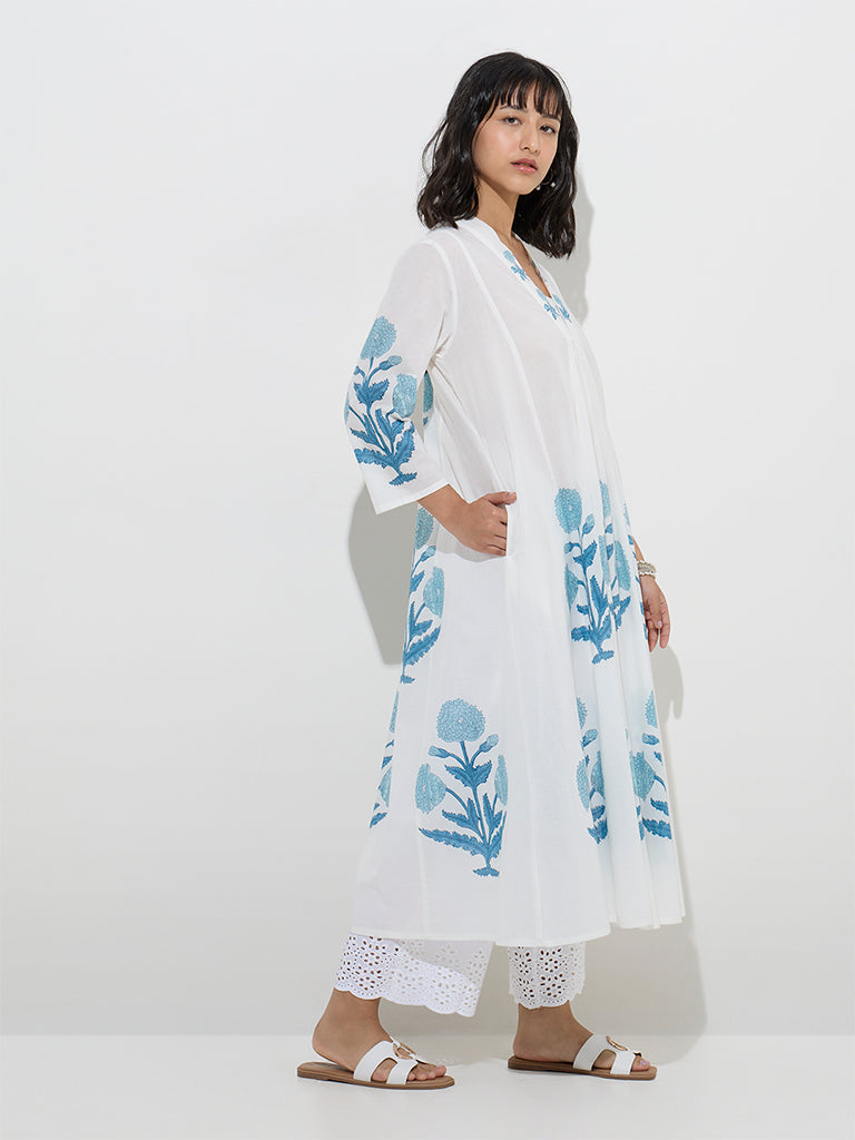 Utsa Blue Floral Butta Design Cotton A-Line Kurta - Image 3