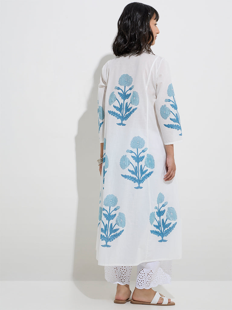 Utsa Blue Floral Butta Design Cotton A-Line Kurta - Image 4