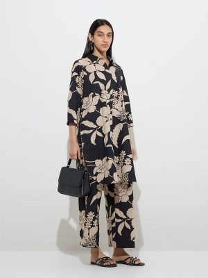 Utsa Black Floral Design A-Line Kurta