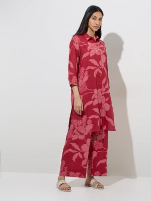 Utsa Red Floral Pattern A-Line Kurta